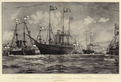 La revisión de la coronación en Spithead, el yate del rey Victoria y Albert navegando hacia el este por las líneas D y E de Charles Edward Dixon